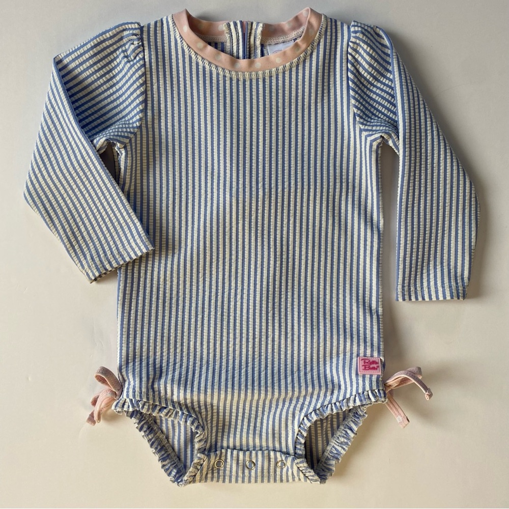 Rufflebutts Swimsuit Size 18 Months Long Sleeved Blue Striped Ruffles Rashguard